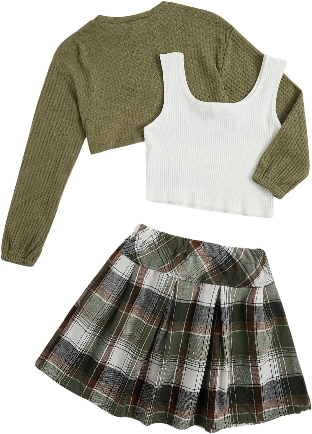 MakeMeChic Girl's 3 Piece Outfits Long Sleeve Crop Tops Ribbed Tank Top and Plaid Pleated Skirts Set