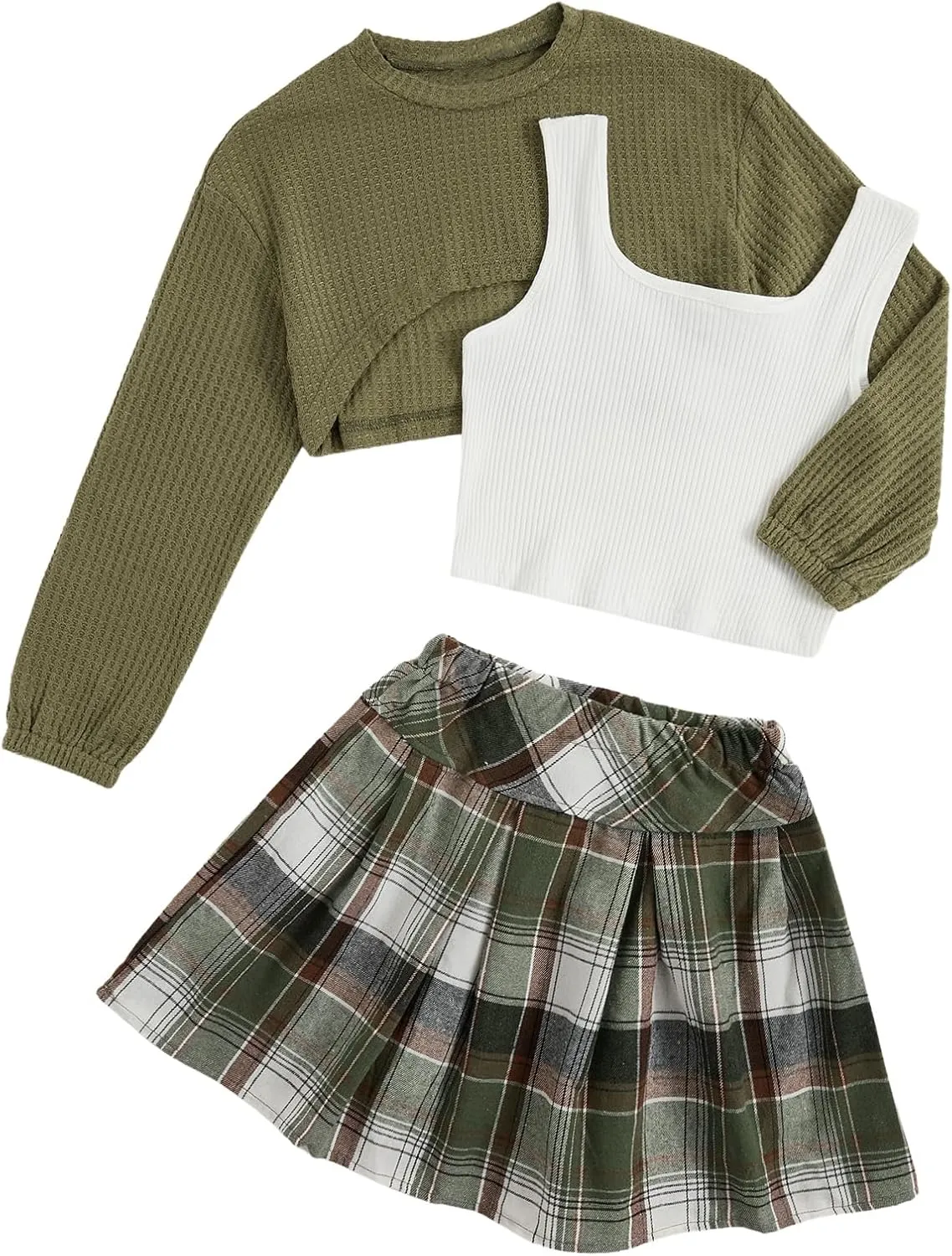 MakeMeChic Girl's 3 Piece Outfits Long Sleeve Crop Tops Ribbed Tank Top and Plaid Pleated Skirts Set
