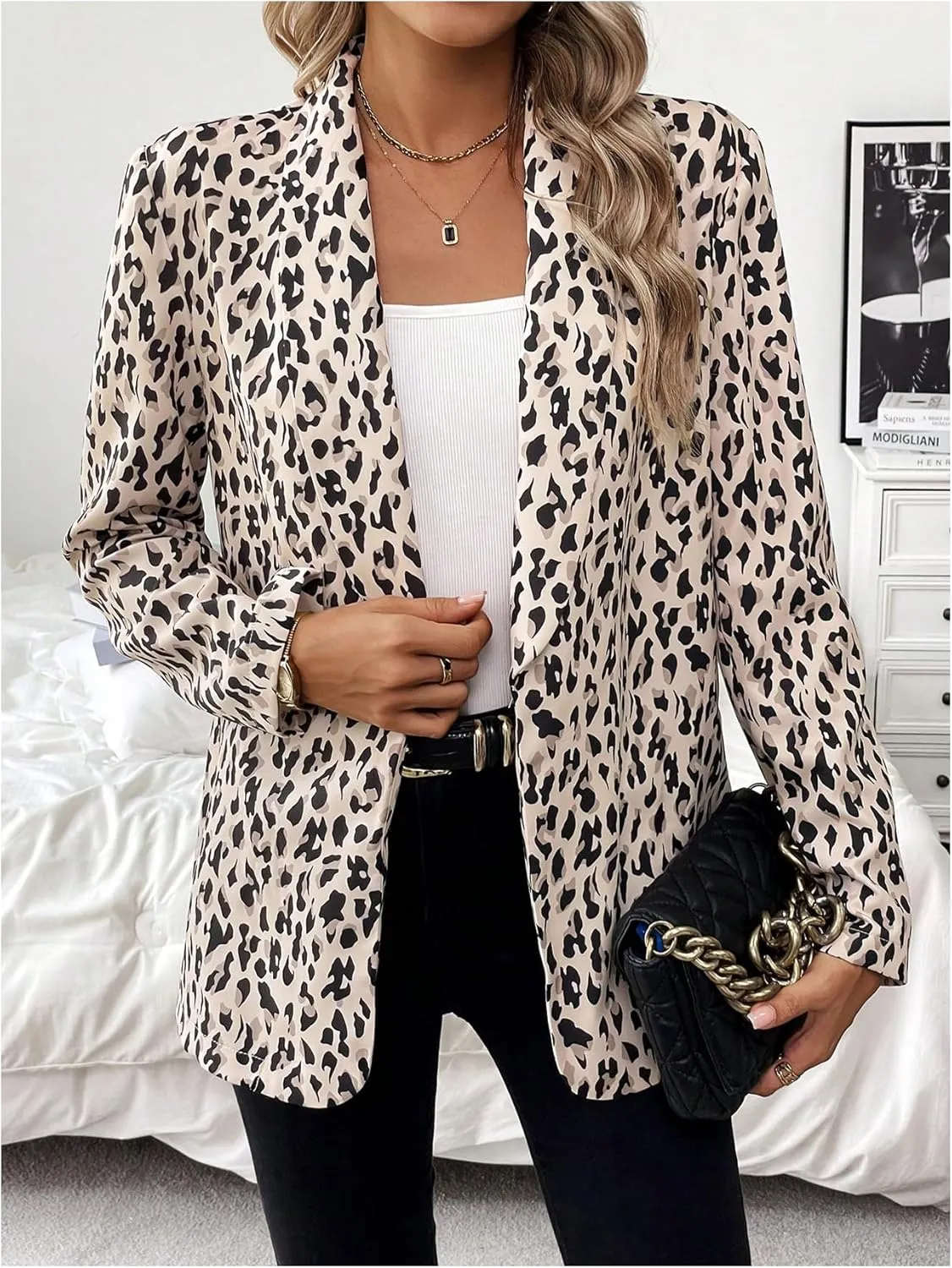 MakeMeChic Women's Leopard Print Open Front Shawl Collar Long Sleeve Blazer Jacket