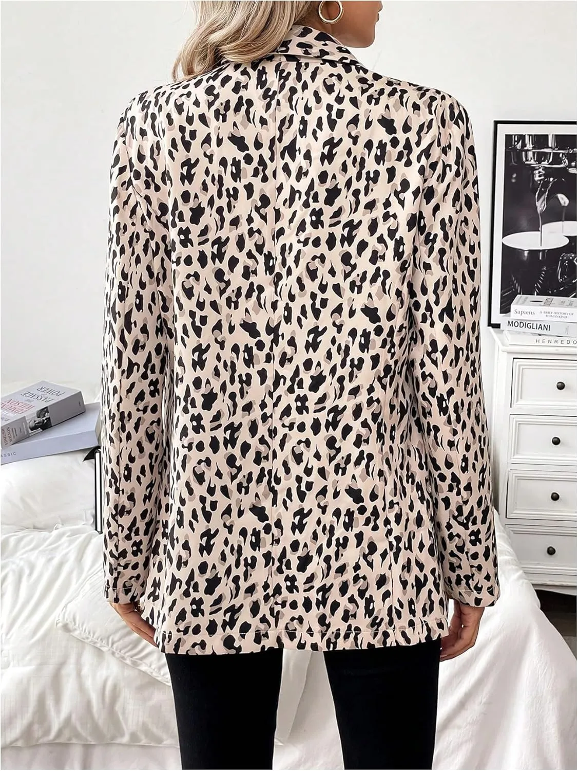 MakeMeChic Women's Leopard Print Open Front Shawl Collar Long Sleeve Blazer Jacket