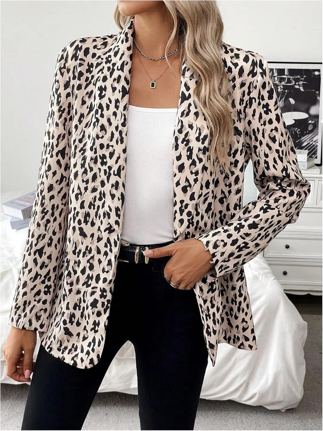 MakeMeChic Women's Leopard Print Open Front Shawl Collar Long Sleeve Blazer Jacket