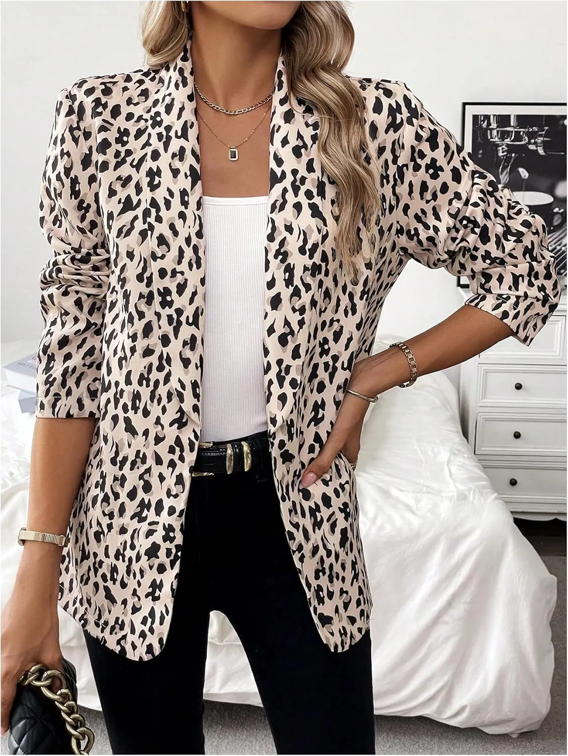 MakeMeChic Women's Leopard Print Open Front Shawl Collar Long Sleeve Blazer Jacket
