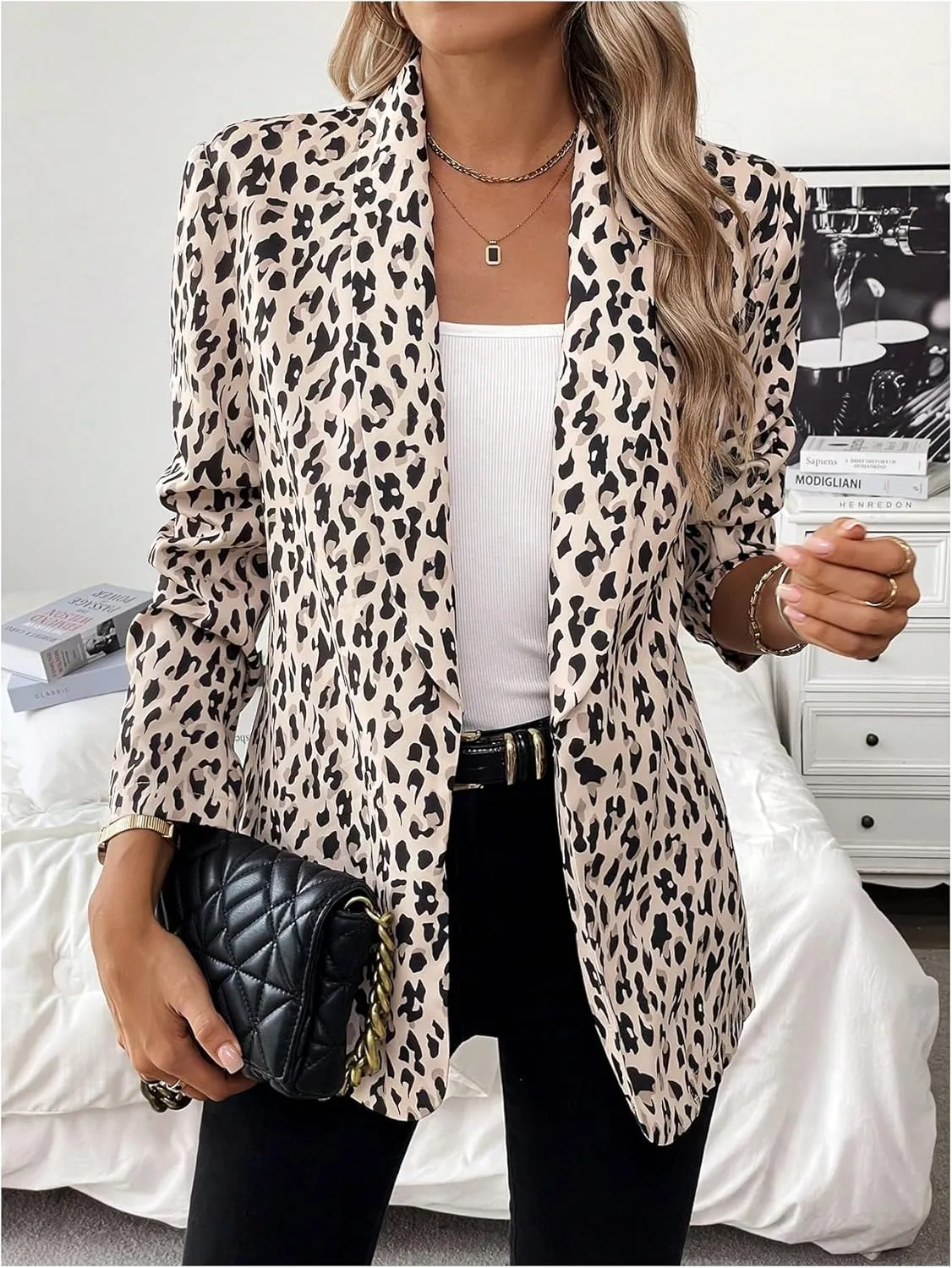 MakeMeChic Women's Leopard Print Open Front Shawl Collar Long Sleeve Blazer Jacket