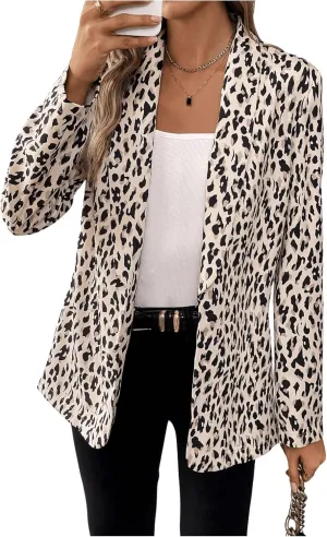 MakeMeChic Women's Leopard Print Open Front Shawl Collar Long Sleeve Blazer Jacket