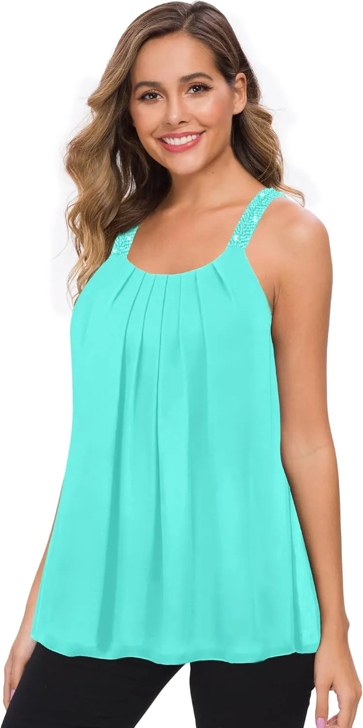 MANER Women's Plus Size Cami Casual Pleated Chiffon Tank Top with Beaded Strap