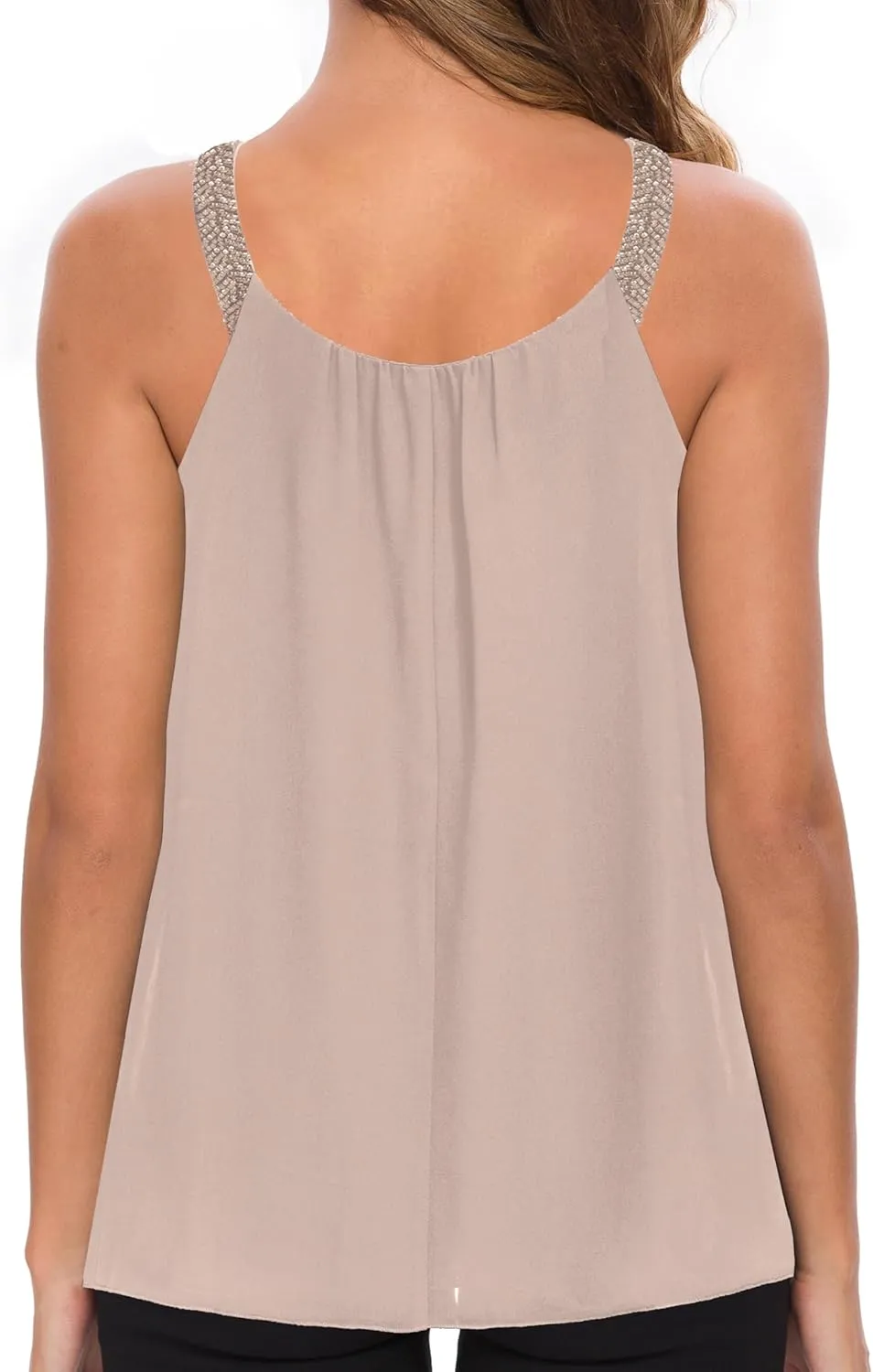 MANER Women's Plus Size Cami Casual Pleated Chiffon Tank Top with Beaded Strap