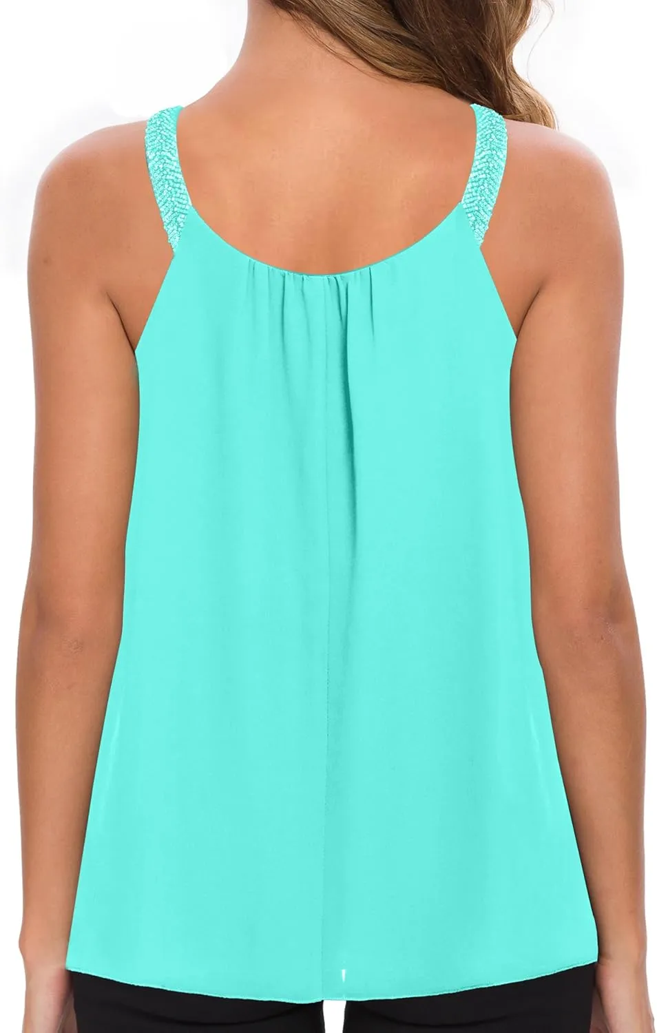MANER Women's Plus Size Cami Casual Pleated Chiffon Tank Top with Beaded Strap