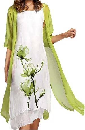 Maxi Dress for Women,Spring Summer Casual Kimono Two Piece Set Dressy Wedding Guest Plus Size Long Sleeve Elegant Floral Boho Beach Sundress Holiday(Sage Green,Large)