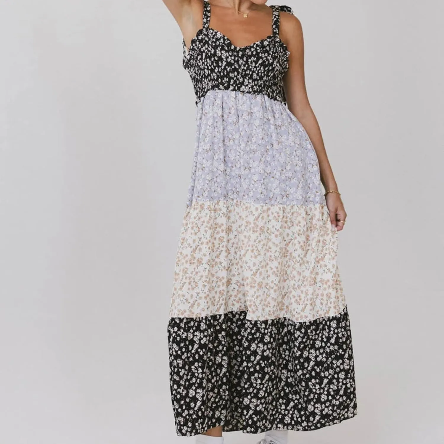 Meiweileya Y2k Tie Shoulder Strap Smocked Maxi Dress for Women Flower Print Ruffle Long Boho Beach Summer Sundress 2025