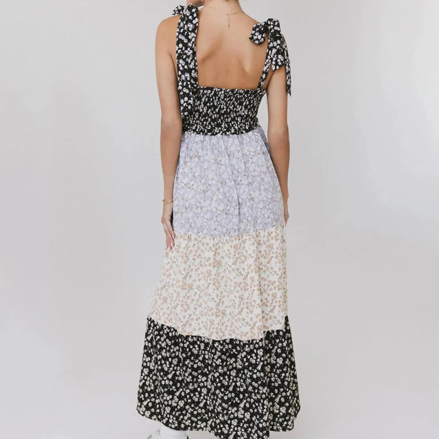 Meiweileya Y2k Tie Shoulder Strap Smocked Maxi Dress for Women Flower Print Ruffle Long Boho Beach Summer Sundress 2025