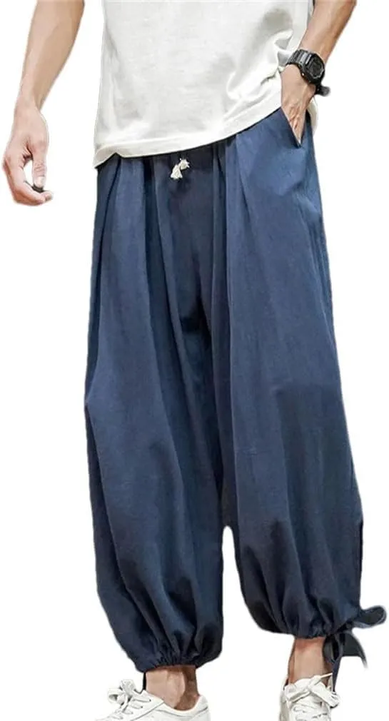 Men Harajuku Harem Pants Mens Summer Cotton Linen Joggers Pants Male Vintage Chinese Style Sweatpants
