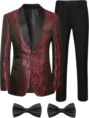 Men Suits Slim Fit 2 Pieces Sets Tuxedo Blazer Pants Shawl Lapel Printed Bow Tie for Prom Wedding Business Dinner