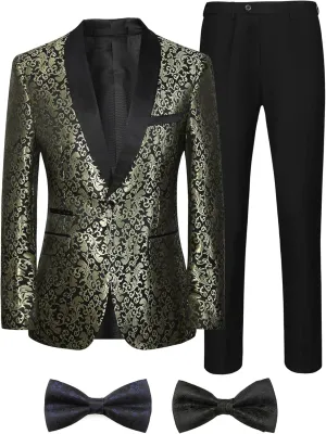 Men Suits Slim Fit 2 Pieces Sets Tuxedo Blazer Pants Shawl Lapel Printed Bow Tie for Prom Wedding Business Dinner