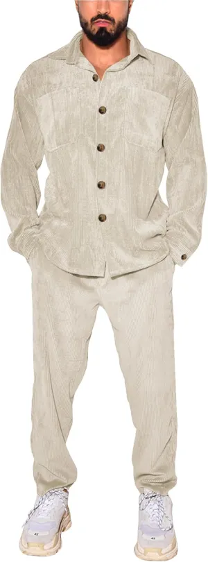 Men's 2 Piece Outfits Corduroy Casual Long Sleeve Shirt Pant Sets Fall Fashion Tracksuits
