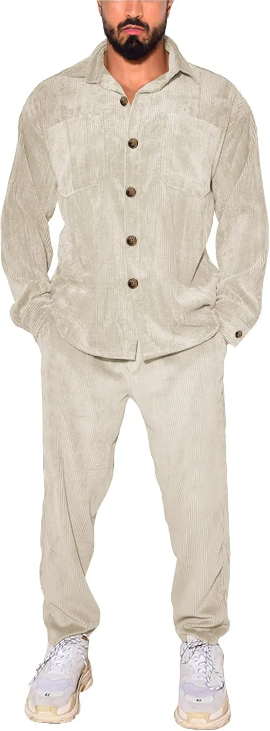 Men's 2 Piece Outfits Corduroy Casual Long Sleeve Shirt Pant Sets Fall Fashion Tracksuits