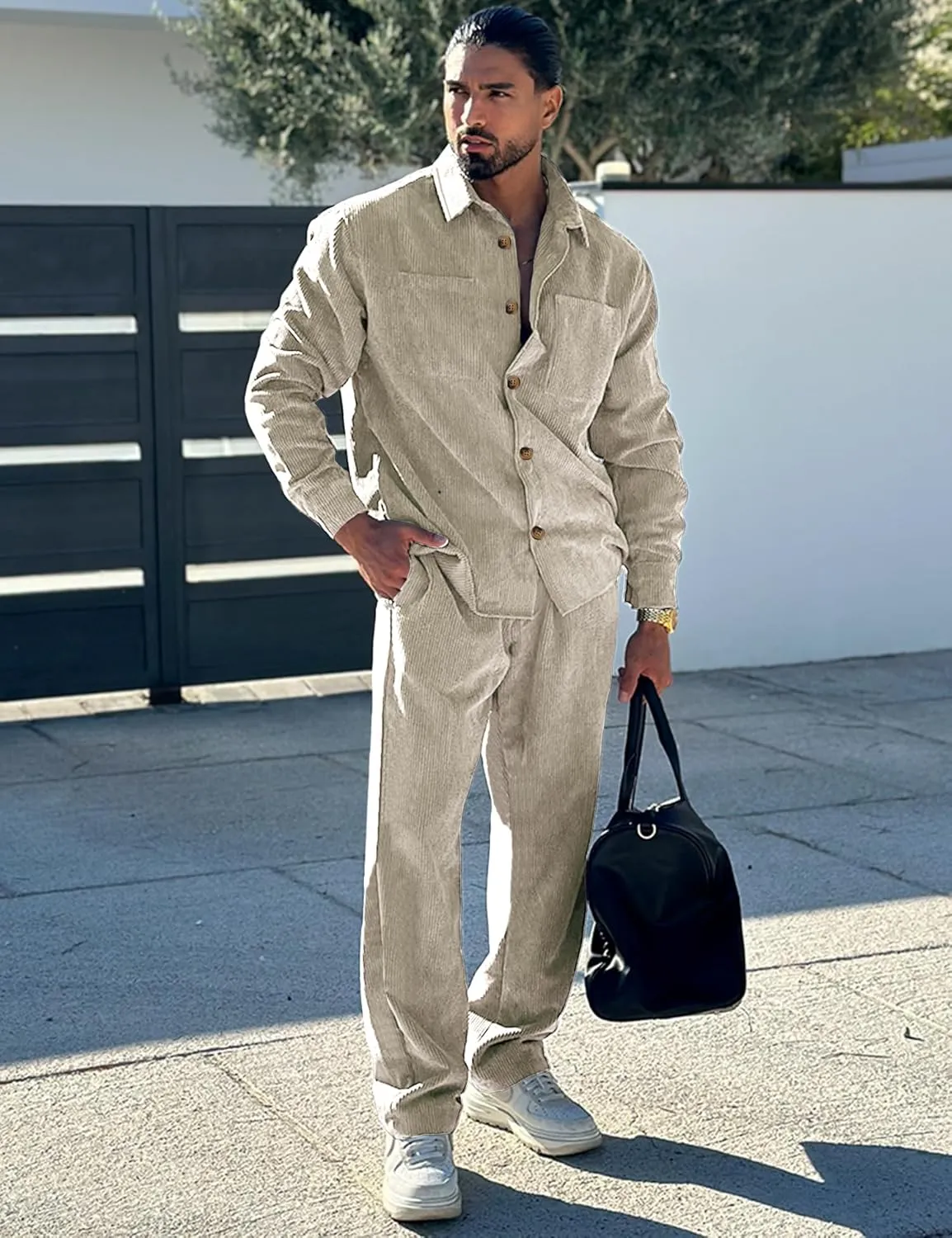 Men's 2 Piece Outfits Corduroy Casual Long Sleeve Shirt Pant Sets Fall Fashion Tracksuits