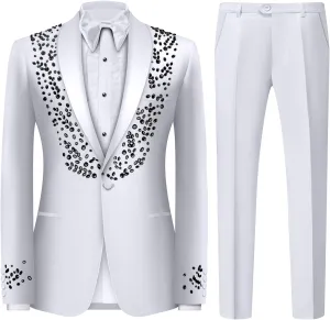 Men's 2 Piece Suit Slim Fit Suits for Men One Button Blazer Wedding Party Jacket Pants Set Beads Tuxedo Set