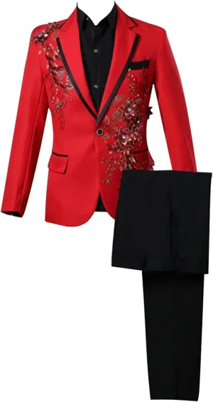 Mens 2 Pieces Luxury Embroidered Suits Wedding Elegant Dress Suit 1 Button Print Dinner Blazer Jacket Pants (Red,X-Large)