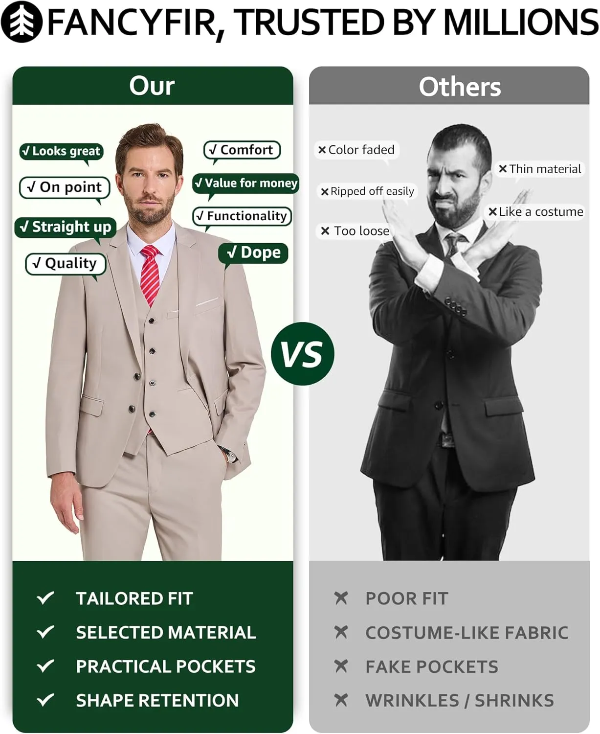 Mens 3-Piece Slim Fit Suit Set, Two Buttons Solid Jacket Vest Pants with Tie for Wedding Party Business Prom