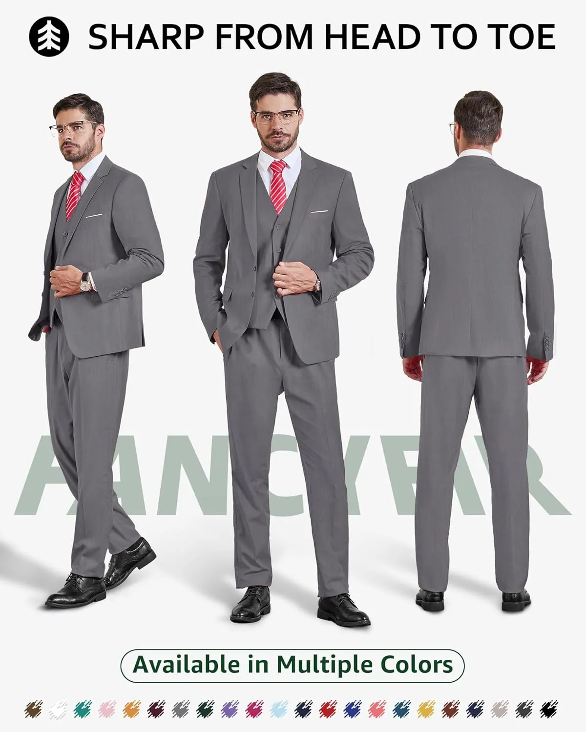 Mens 3-Piece Slim Fit Suit Set, Two Buttons Solid Jacket Vest Pants with Tie for Wedding Party Business Prom