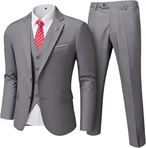 Mens 3-Piece Slim Fit Suit Set, Two Buttons Solid Jacket Vest Pants with Tie for Wedding Party Business Prom