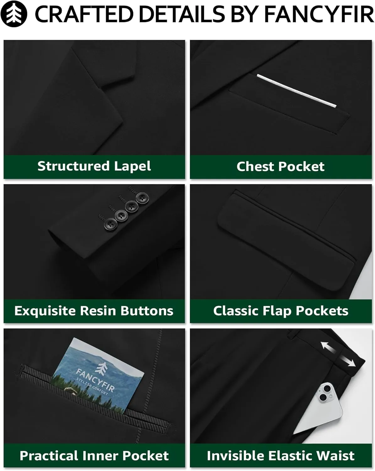 Mens 3-Piece Slim Fit Suit Set, Two Buttons Solid Jacket Vest Pants with Tie for Wedding Party Business Prom