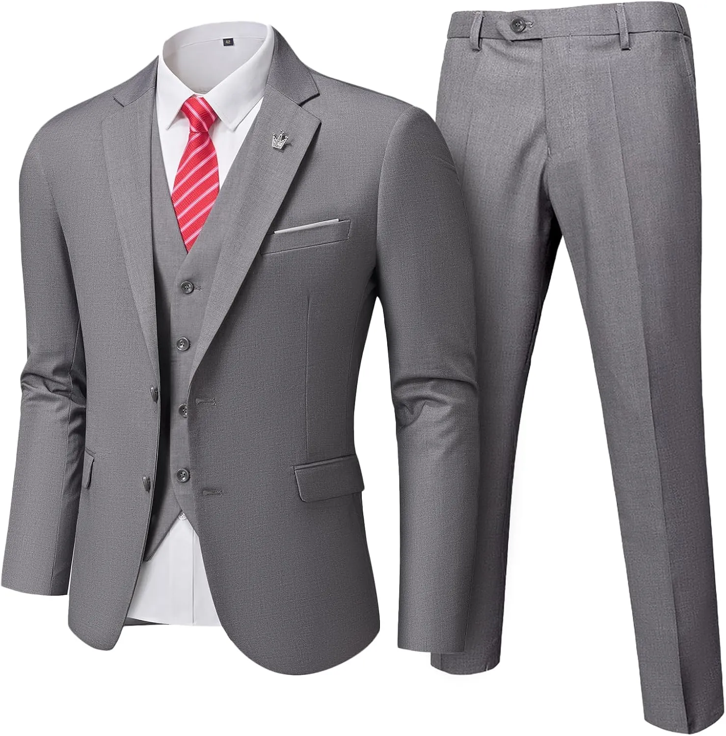 Mens 3-Piece Slim Fit Suit Set, Two Buttons Solid Jacket Vest Pants with Tie for Wedding Party Business Prom