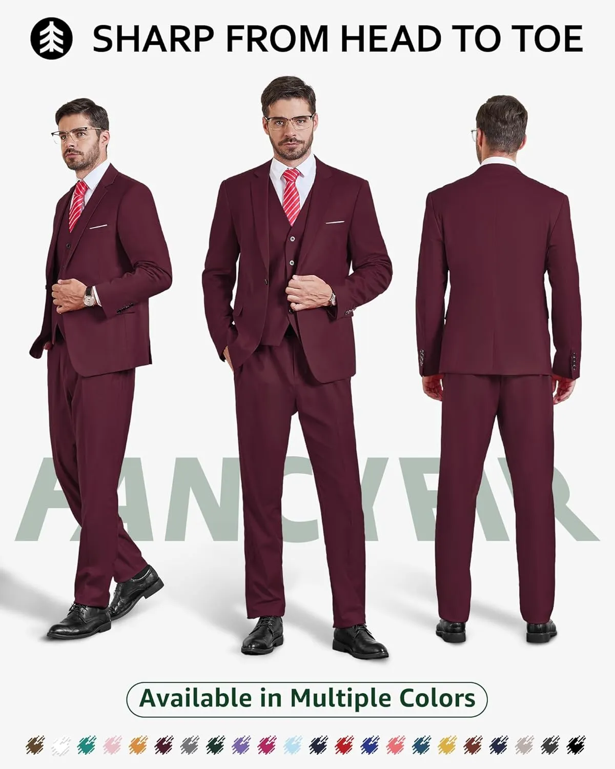 Men's 3 Pieces Suit, Solid Slim Fit One Button Blazer Set, Jacket Vest Pants with Tie for Wedding Party Business
