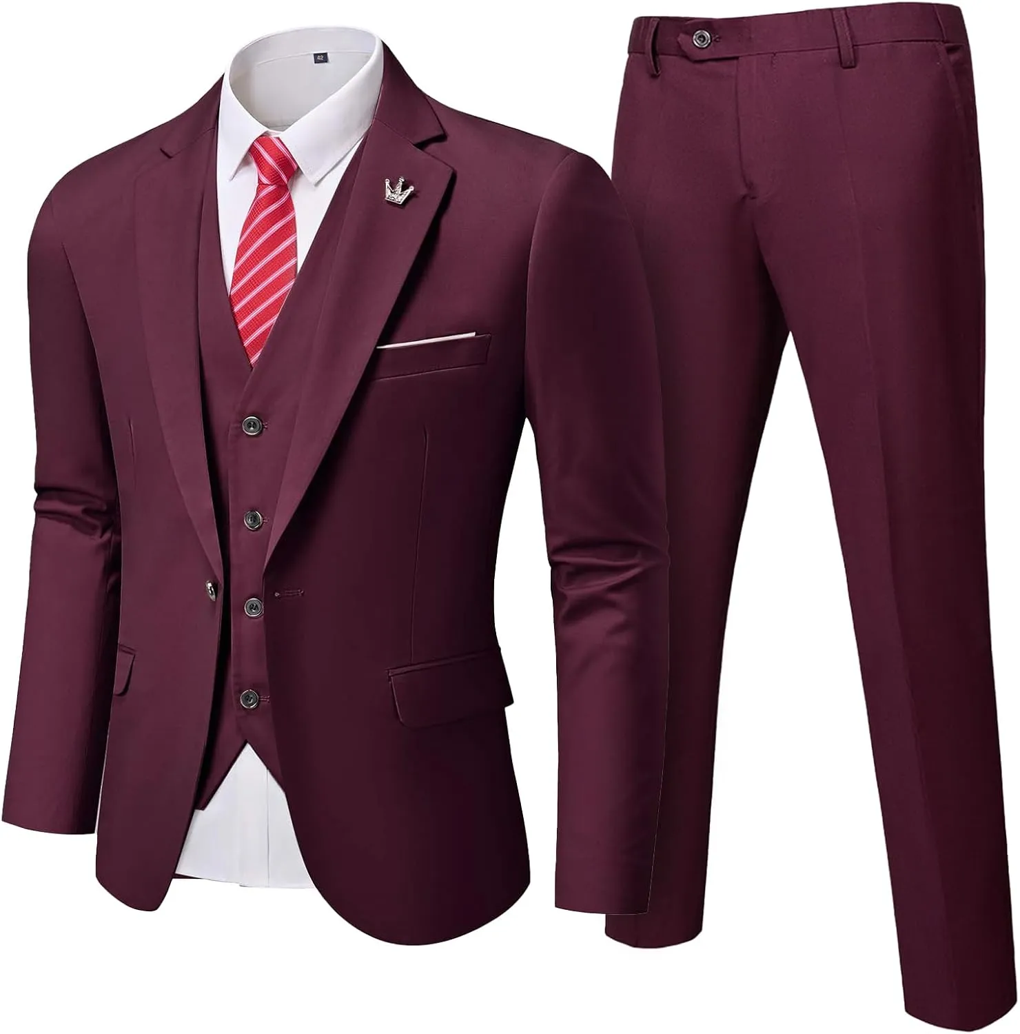 Men's 3 Pieces Suit, Solid Slim Fit One Button Blazer Set, Jacket Vest Pants with Tie for Wedding Party Business