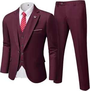 Men's 3 Pieces Suit, Solid Slim Fit One Button Blazer Set, Jacket Vest Pants with Tie for Wedding Party Business