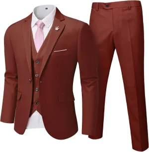 Men's 3 Pieces Suit, Solid Slim Fit One Button Blazer Set, Jacket Vest Pants with Tie for Wedding Party Business