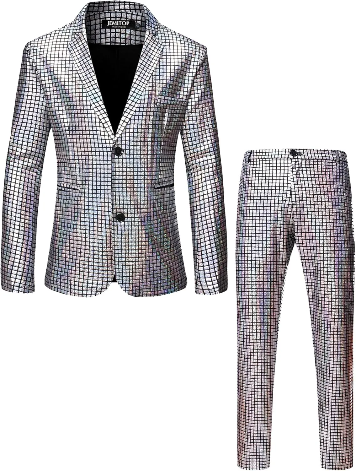 Men's 70s Disco 2 Piece Set Stretchy Shiny Suits Sequin Jacket and Pants