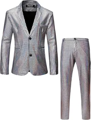 Men's 70s Disco 2 Piece Set Stretchy Shiny Suits Sequin Jacket and Pants