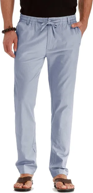 Mens Casual Linen Pants Loose Fit Elastic Drawstring Waist Summer Yoga Beach Trousers