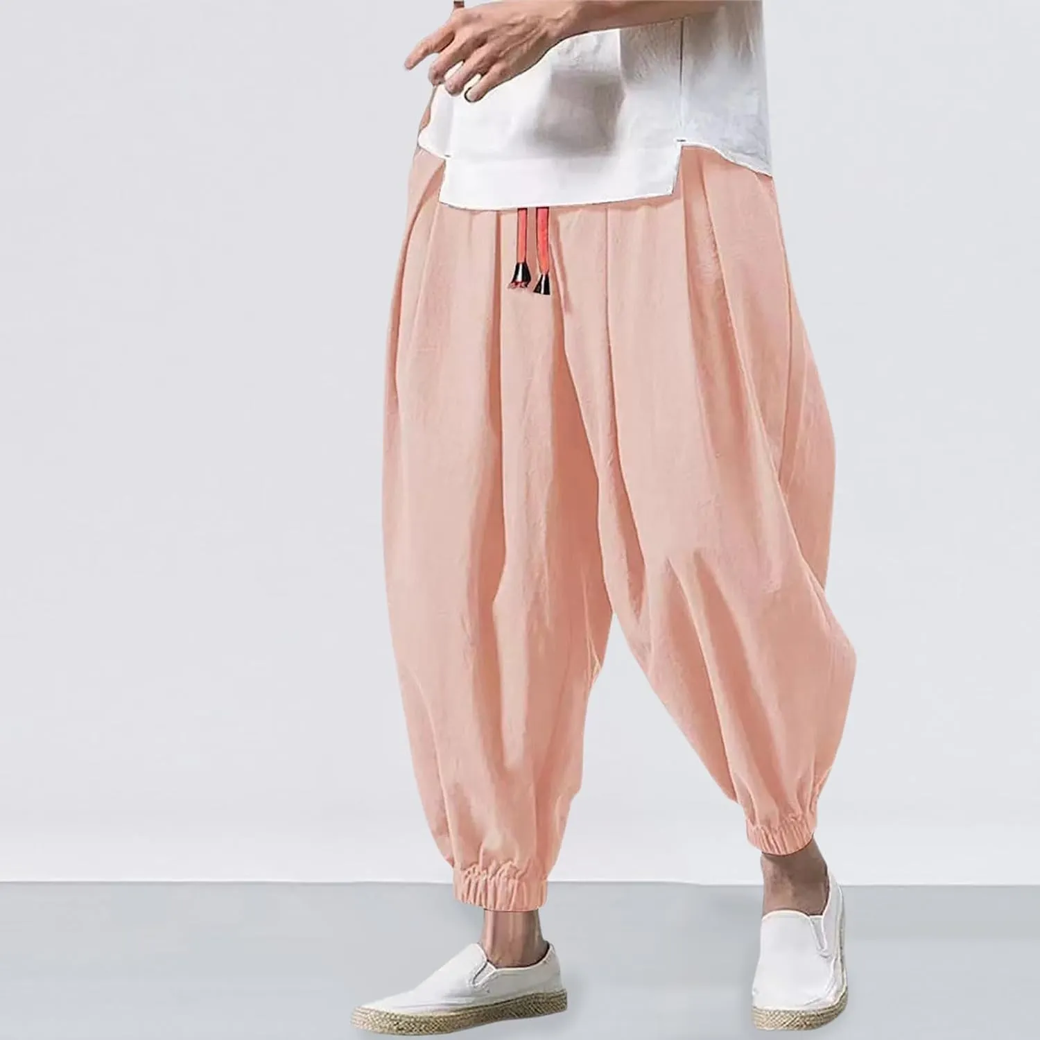 Mens Hippie Harem Pants Casual Elastic Drawstring Tapered Pants 2025 Solid Color Baggy Yoga Drop Crotch Trouser