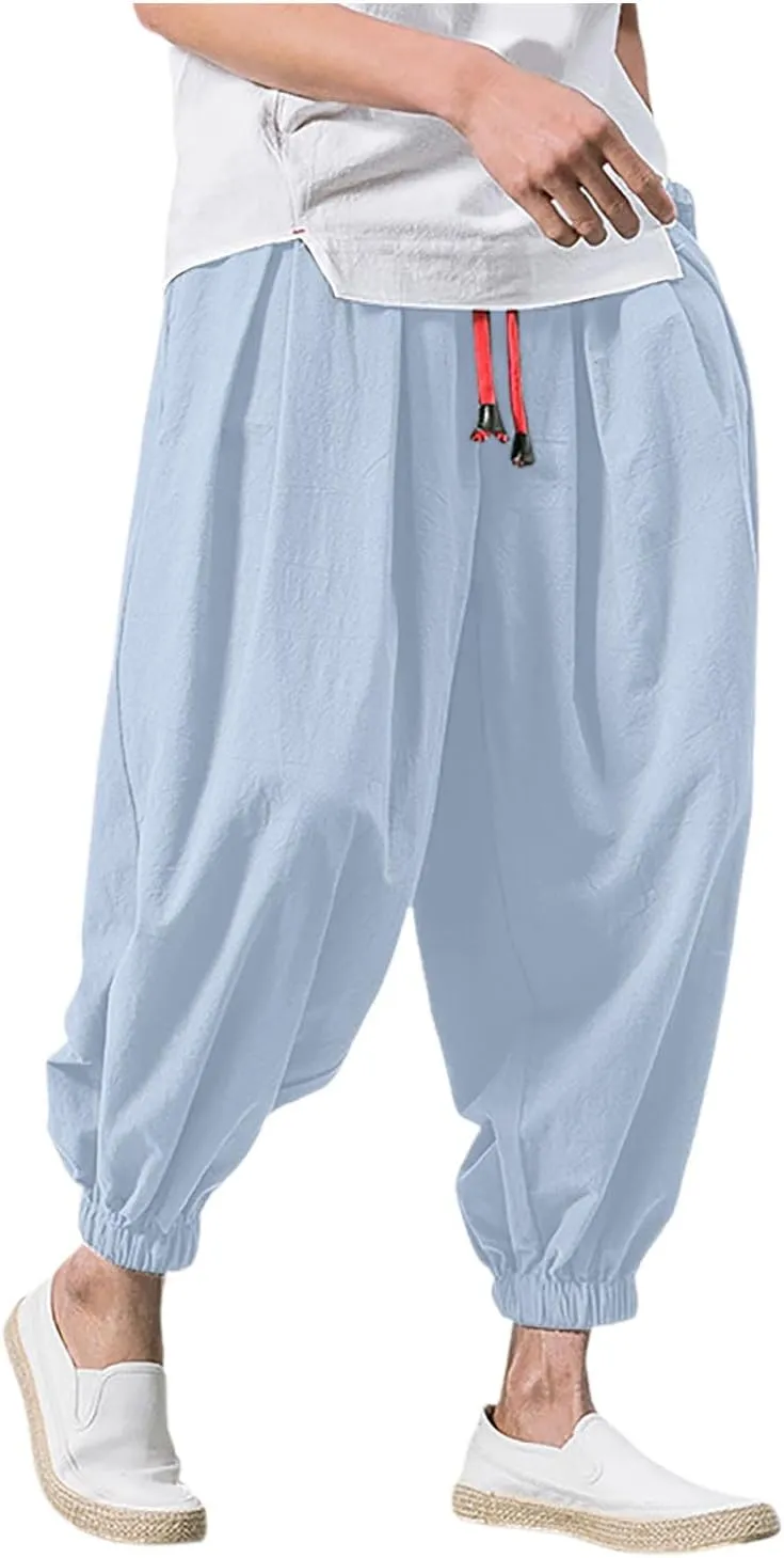Mens Hippie Harem Pants Casual Elastic Drawstring Tapered Pants 2025 Solid Color Baggy Yoga Drop Crotch Trouser