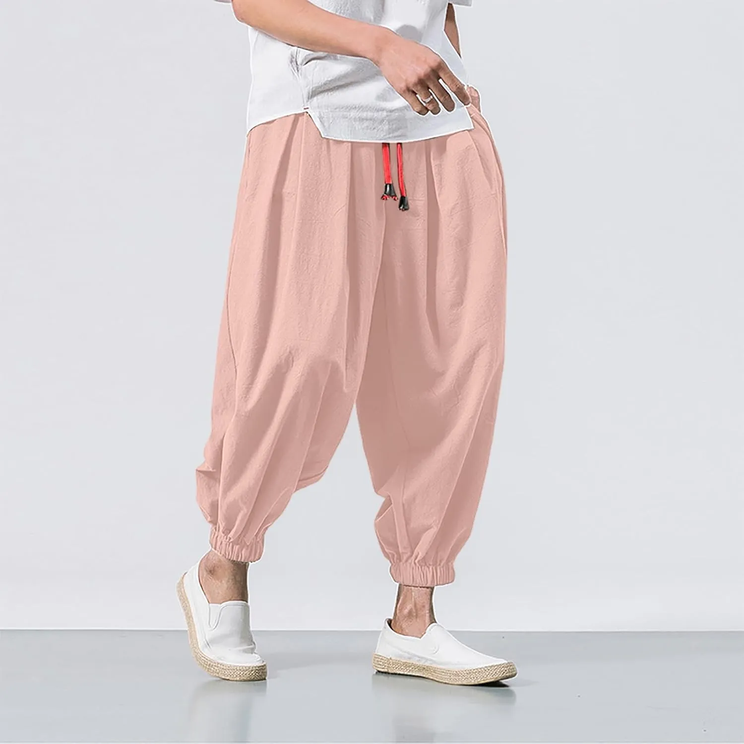 Mens Hippie Harem Pants Casual Elastic Drawstring Tapered Pants 2025 Solid Color Baggy Yoga Drop Crotch Trouser