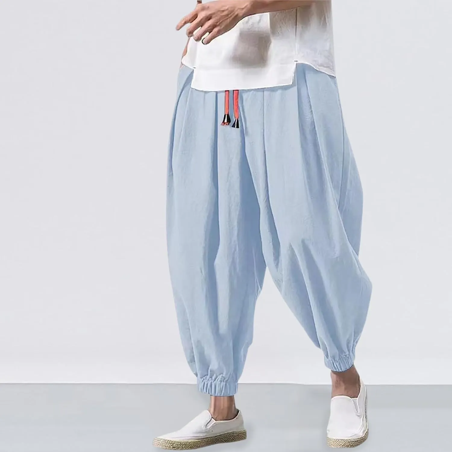 Mens Hippie Harem Pants Casual Elastic Drawstring Tapered Pants 2025 Solid Color Baggy Yoga Drop Crotch Trouser
