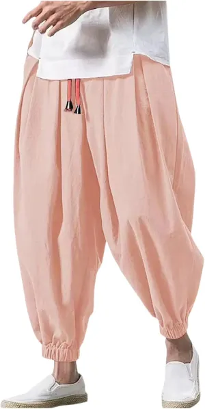 Mens Hippie Harem Pants Casual Elastic Drawstring Tapered Pants 2025 Solid Color Baggy Yoga Drop Crotch Trouser