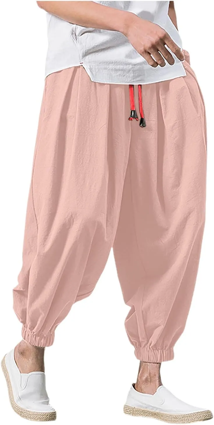 Mens Hippie Harem Pants Casual Elastic Drawstring Tapered Pants 2025 Solid Color Baggy Yoga Drop Crotch Trouser