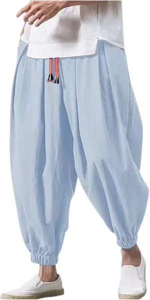 Mens Hippie Harem Pants Casual Elastic Drawstring Tapered Pants 2025 Solid Color Baggy Yoga Drop Crotch Trouser