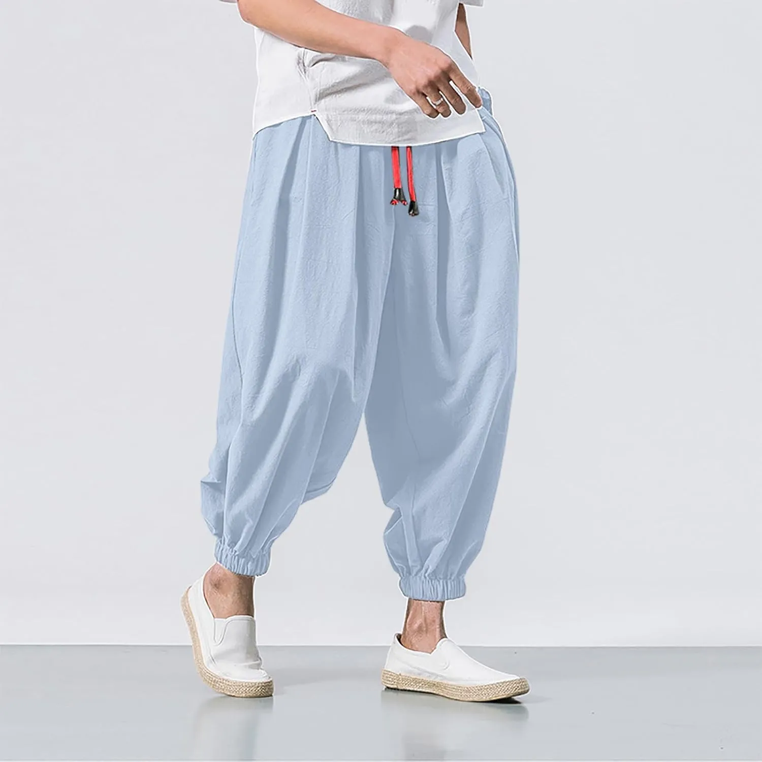 Mens Hippie Harem Pants Casual Elastic Drawstring Tapered Pants 2025 Solid Color Baggy Yoga Drop Crotch Trouser