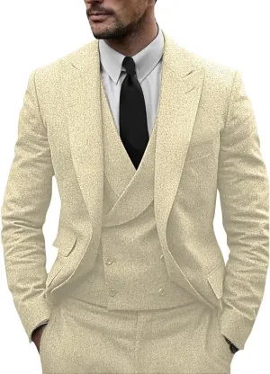 Men's Silk-Cotton Fine Tweed Wool Suits 3 Piece Slim Fit Wedding Suit Prom Tuxedos Brown Grey Jacket Vest Pants