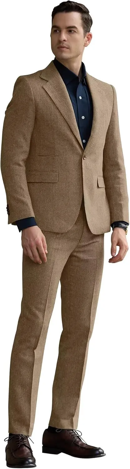 Mens Slim Fit Suit 2 Piece Tweed Suit for Men One Button Formal Wedding Prom Tuxedo Suits Jacket Pants Set