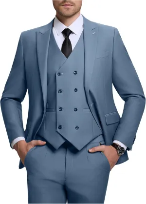 Mens Suit Slim Fit Solid Suit Jacket Double Breasted Vest and Dress Pants 3 Piece Set Prom Wedding Suits for Men