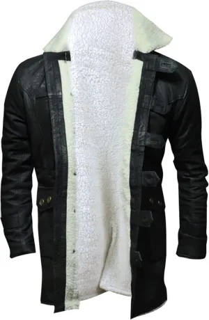 Mens Tom Hardy Dark Knight Bane Faux Fur Shearling Black Leather trench Swedish Bomber Coat