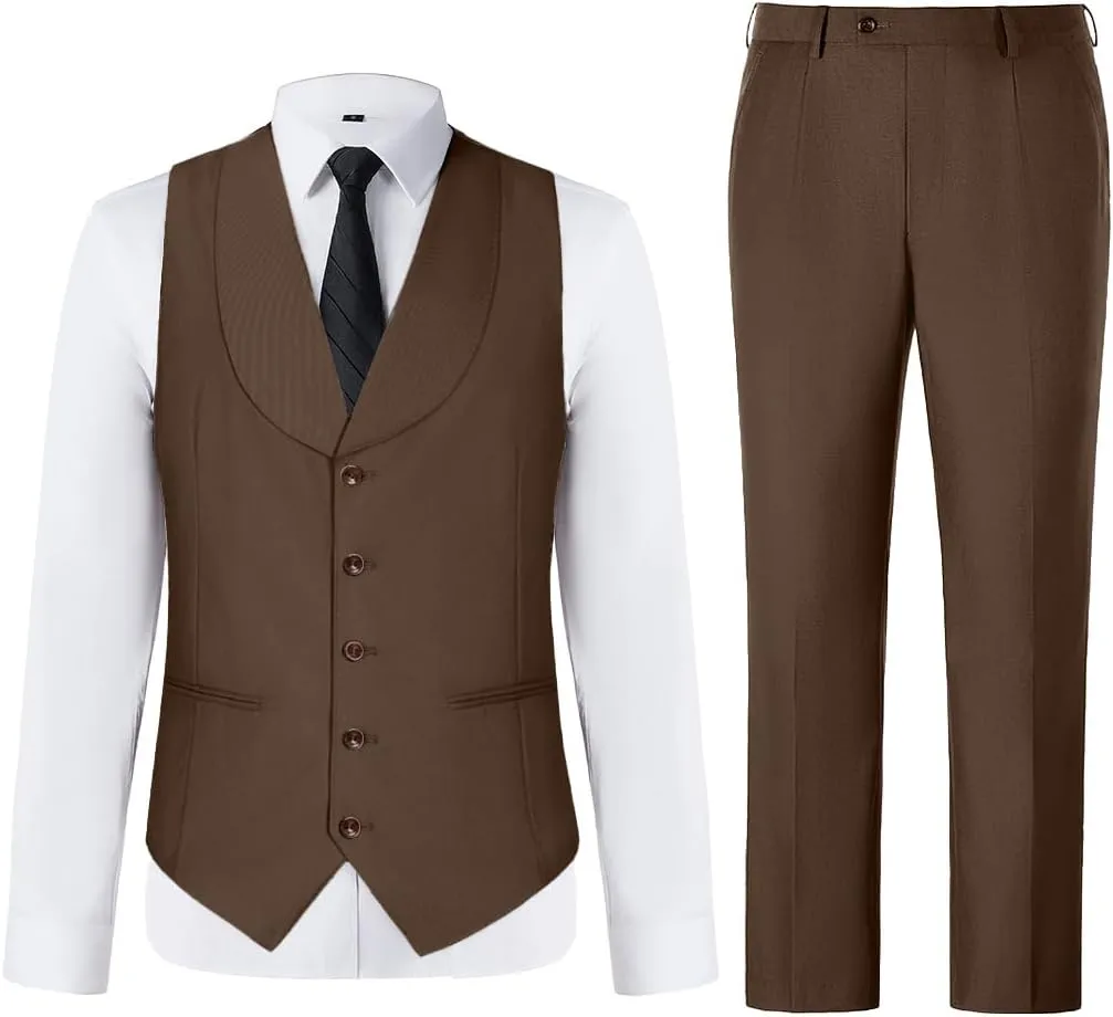 Mens Vest Pants Suits Set 2 Pieces Slim Fit Groomsmen Suit for Men Formal