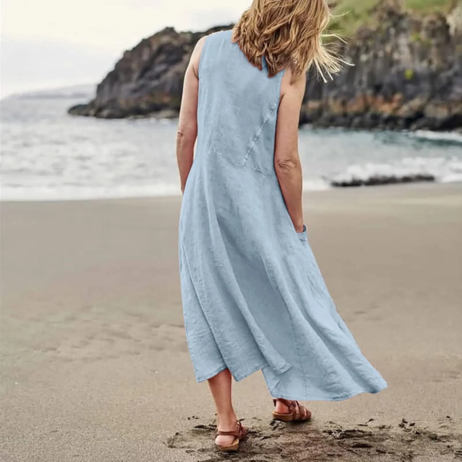 midelxp Summer Sundresses for Women Casual Loose Swing Beach Tank Dresses Sleeveless Solid Color Long Dresses with Pocket