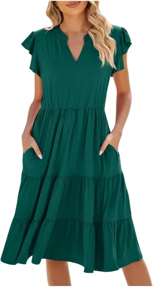 Midi Dress for Women Summer Fashion Ruffle Sleeve V Neck Dresses with Pockets Casual A Line Tiered Boho Beach Dress