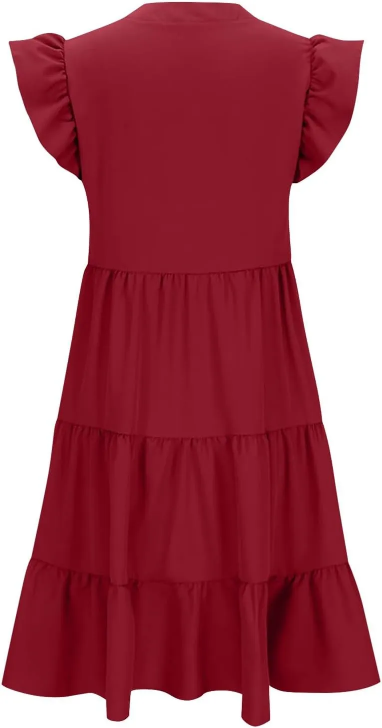Midi Dress for Women Summer Fashion Ruffle Sleeve V Neck Dresses with Pockets Casual A Line Tiered Boho Beach Dress